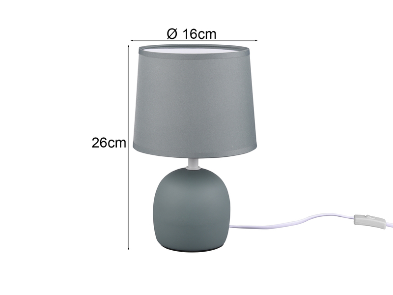 Kleine LED Tischleuchte mit Keramikfuß & Stoffschirm Blau Grau, Höhe 26cm