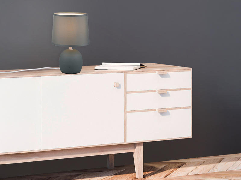 Kleine LED Tischleuchte mit Keramikfuß & Stoffschirm Blau Grau, Höhe 26cm