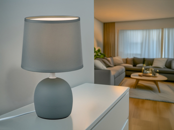 Kleine LED Tischleuchte mit Keramikfuß & Stoffschirm Blau Grau, Höhe 26cm