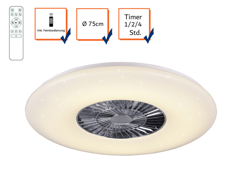 Große Deckenleuchte mit Ventilator 75cm Fernbedienung, dimmbar, Sternenhimmel