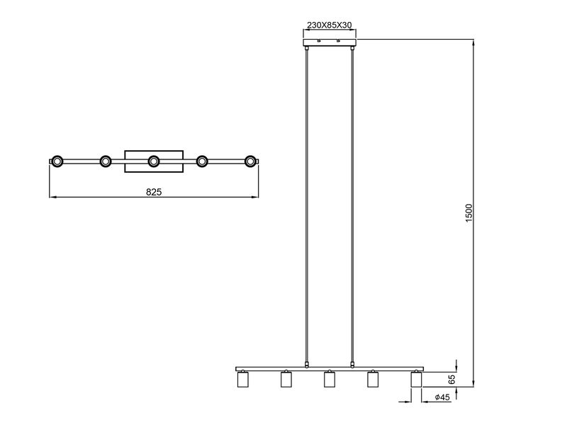 Pendelleuchte VANNES 5 Flammig Schwarz, Balken 82cm breit