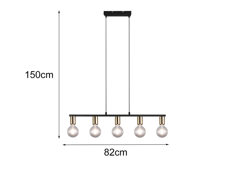 LED Pendelleuchte Messing/Schwarz 5 Flammig, Balken 82cm breit