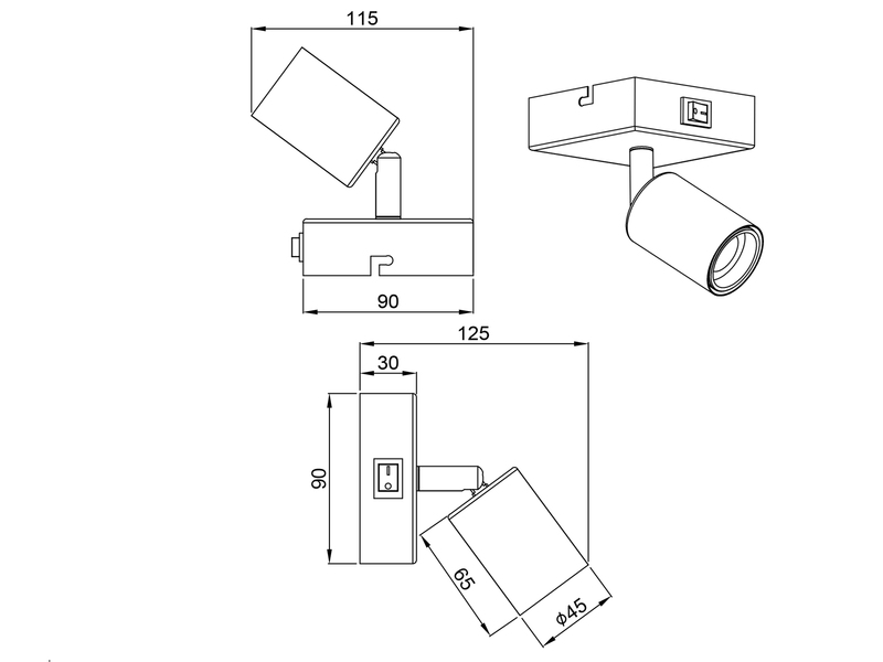 LED Wandstrahler Spot Silber mit Schalter, Breite 9cm