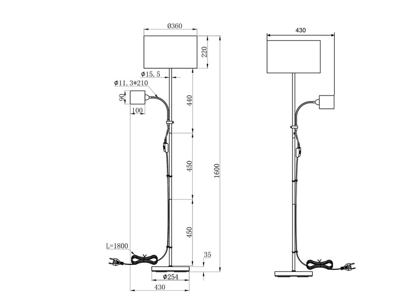 LED Stehleuchte Flexarm Leselicht Metall & Stoffschirme Schwarz Höhe 160cm