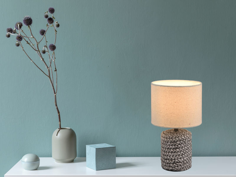 Tischleuchte MALA Keramik Seiloptik mit Stoffschirm in Beige, Höhe 26cm