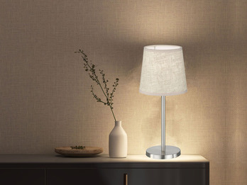 LED Tischlampe Silber mit Lampenschirm Leinen Beige, 30cm klein