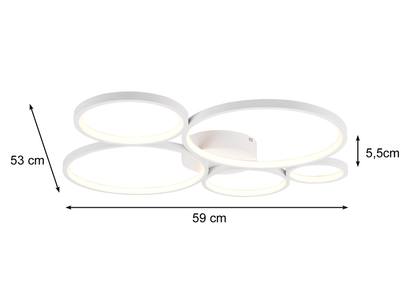 LED Deckenleuchte RONDO 5 Ringe Weiß, 5.600 Lumen hell, dimmbar, Breite 59cm