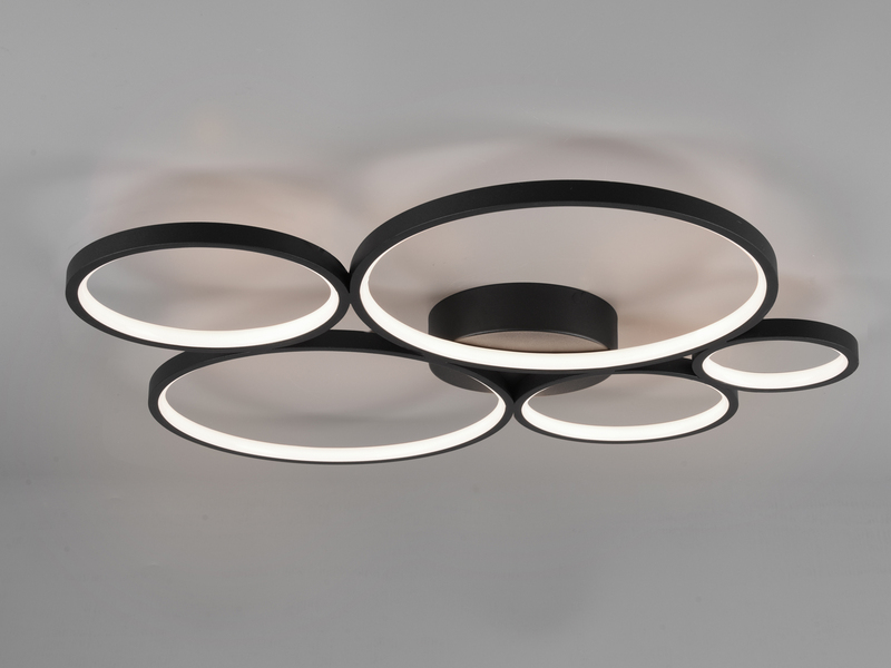 LED Deckenleuchte RONDO 5 Ringe Schwarz, 5.600 Lumen hell, dimmbar, Breite 59cm