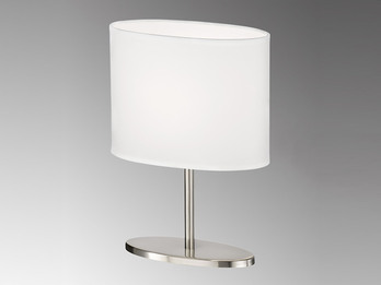 Kleine LED Tischleuchte Silber oval mit Stoffschirm Chintz Weiß