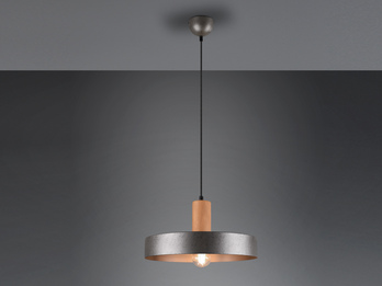 Vintage Pendelleuchte GAYA mit Metallschirm in Silber antik & Holz