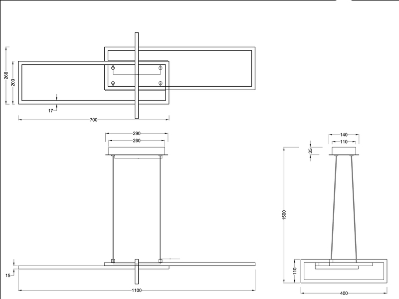 Große LED Pendelleuchte SALINAS lang mit Switch Dimmer Silber, Breite 110cm