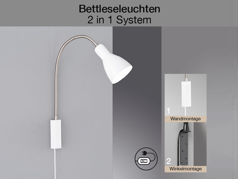 Leselampe & Bettleuchte LOLLAND Weiß mit Kabel & Stecker, Breite 11cm