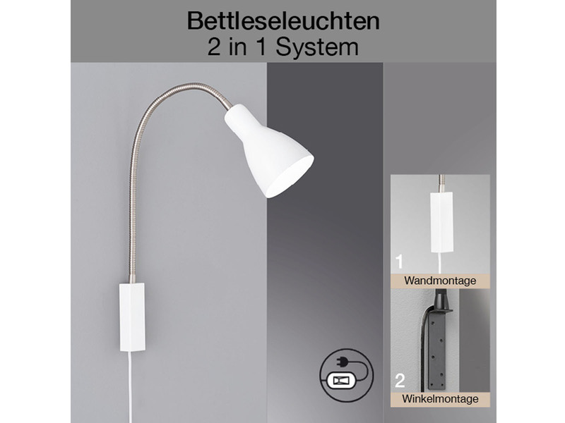 Flexible 2 in 1 LED Leselampe & Bettleuchte Weiß mit Kabel & Stecker