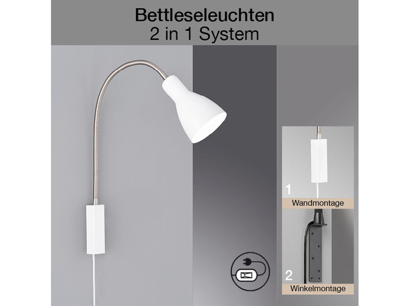 LED Leselampe & Bettleuchte Weiß mit Kabel & Stecker, Breite 11cm