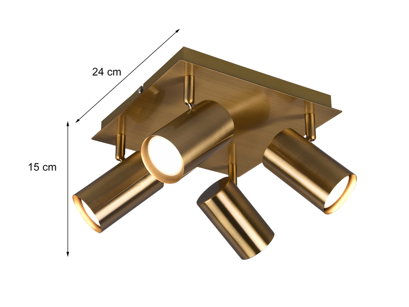 Deckenstrahler Altmessing 4-flammig, mit GU10 LED, Quadrat 24cm