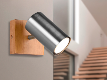 Wandstrahler MARLEY Metall Silber mit Holz, Spot schwenkbar, Höhe 12cm