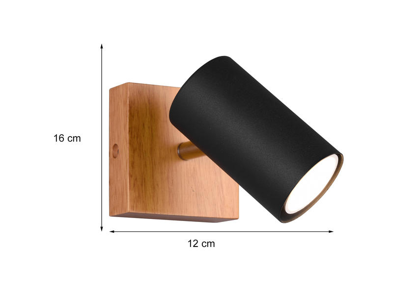 Wandstrahler MARLEY Metall Schwarz mit Holz, Spot schwenkbar, Höhe 12cm