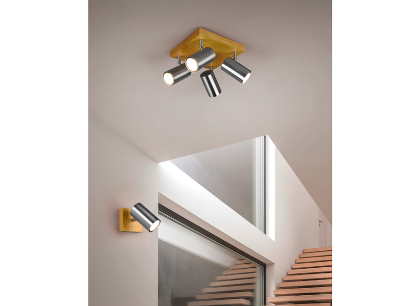 Deckenstrahler 4-flammig Spots Silber mit Holz, Quadrat 22cm