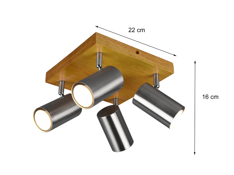 Deckenstrahler 4-flammig Spots Silber mit Holz, Quadrat 22cm