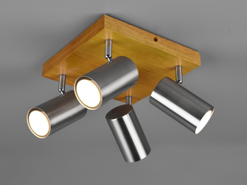 Deckenstrahler 4-flammig Spots Silber mit Holz, Quadrat 22cm