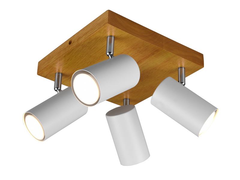 Deckenstrahler 4-flammig Spots Weiß mit Holz, Quadrat 22cm