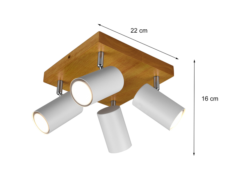Deckenstrahler 4-flammig Spots Weiß mit Holz, Quadrat 22cm