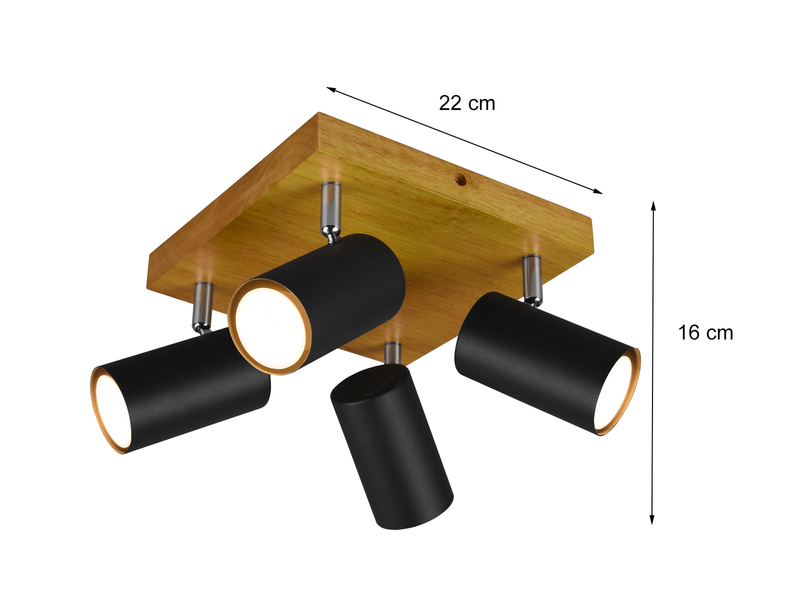 Deckenstrahler 4-flammig Spots Schwarz mit Holz, Quadrat 22cm
