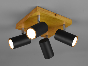 Deckenstrahler 4-flammig Spots Schwarz mit Holz, Quadrat 22cm