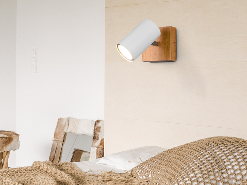 Wandstrahler Metall Weiß mit Holz, Spot inkl. GU10 LED, Höhe 12cm