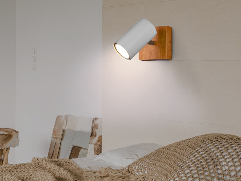 Wandstrahler Metall Weiß mit Holz, Spot inkl. GU10 LED, Höhe 12cm
