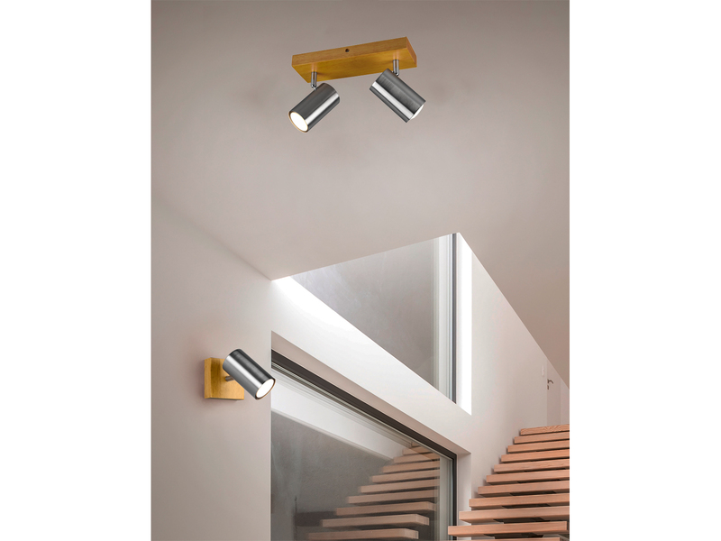 Deckenstrahler 2-flammig Silber mit Holz inkl. GU10 LED, Breite 26cm