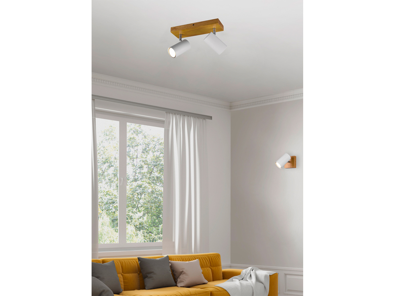 LED Deckenstrahler Weiß mit Holz 2-flammig, Breite 26cm