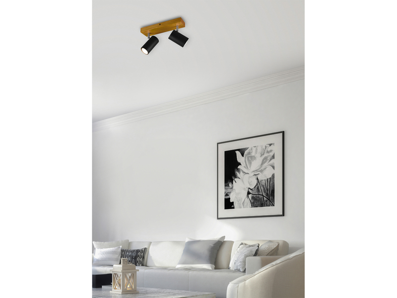 LED Deckenstrahler Schwarz mit Holz 2-flammig, Breite 26cm