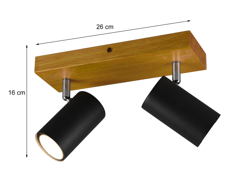 Deckenstrahler 2-flammig Schwarz mit Holz inkl. GU10 LED, Breite 26cm