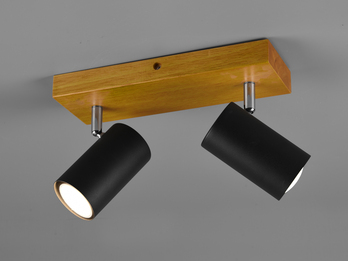 LED Deckenstrahler Schwarz mit Holz 2-flammig, Breite 26cm