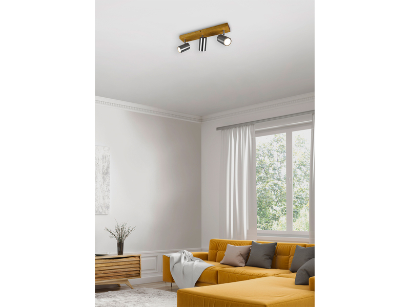 Deckenstrahler 3-flammig Silber mit Holz inkl. GU10 LED, Breite 44cm