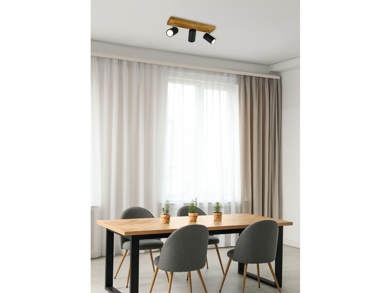 LED Deckenstrahler Schwarz mit Holz 3-flammig, Breite 44cm