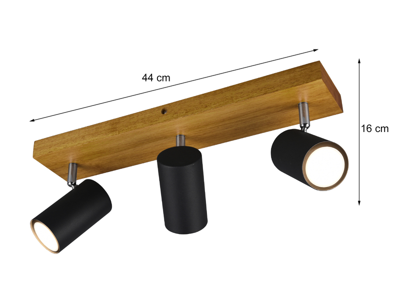 Deckenstrahler 3-flammig Schwarz mit Holz inkl. GU10 LED, Breite 44cm