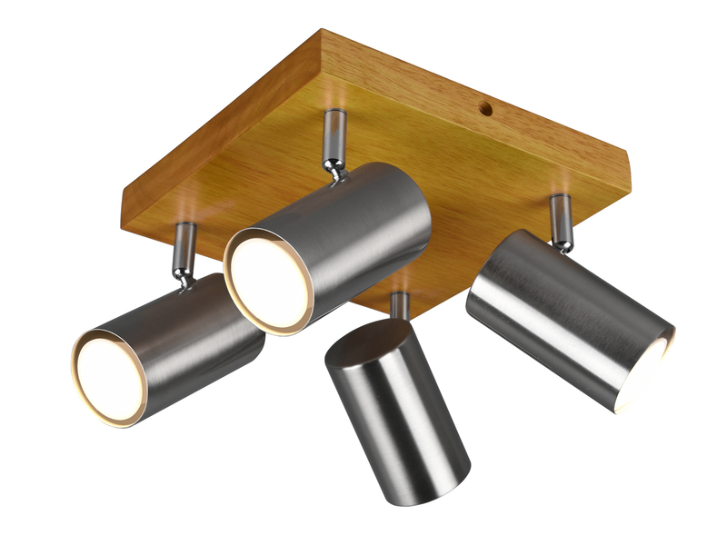 LED Deckenstrahler Silber mit Holz 4-flammig, Quadrat 22cm