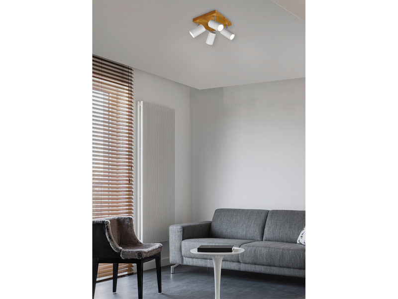 LED Deckenstrahler Weiß mit Holz 4-flammig, Quadrat 22cm