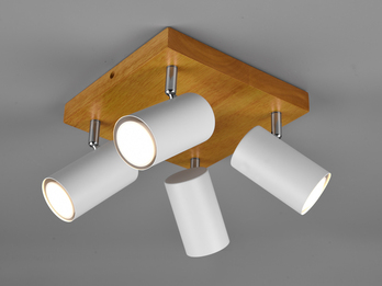 Deckenstrahler 4-flammig Weiß mit Holz inkl. GU10 LED, Quadrat 22cm