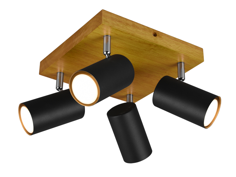 Deckenstrahler 4-flammig Schwarz mit Holz inkl. GU10 LED, Quadrat 22cm