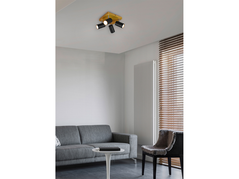 LED Deckenstrahler Schwarz mit Holz 4-flammig, Quadrat 22cm