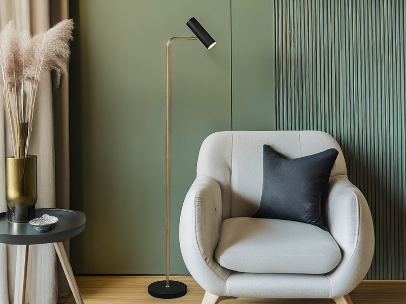 Stehlampe MARLEY Metall Schwarz Gold, Spot schwenkbar, Höhe 151cm