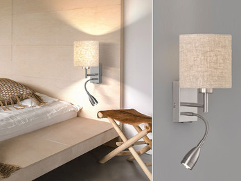 Wandleuchte DREAMER mit LED Leselampe & Stoffschirm Beige rund, Höhe 24cm