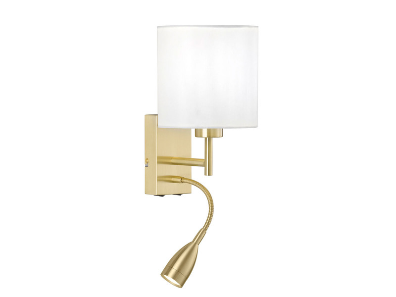 LED Wandleuchte Messing mit Leselampe & Stoffschirm Weiß, Höhe 24cm