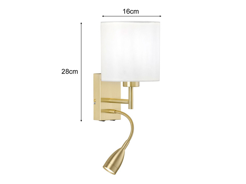 LED Wandleuchte Messing mit Leselampe & Stoffschirm Weiß, Höhe 24cm
