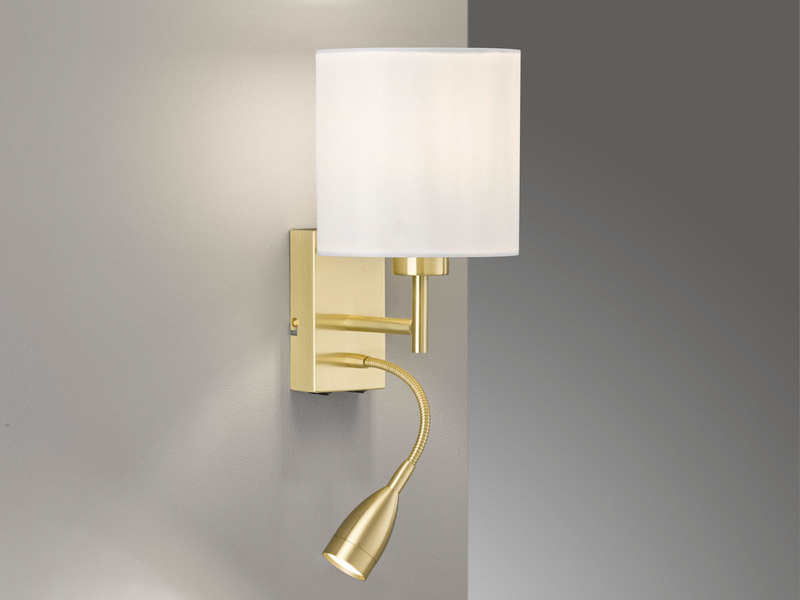 LED Wandleuchte Messing mit Leselampe & Stoffschirm Weiß, Höhe 24cm