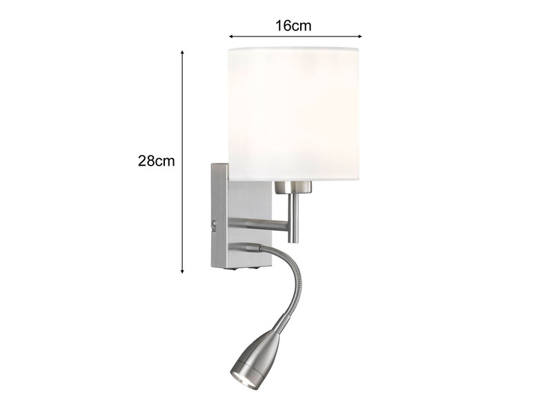 Kleine LED Wandleuchte mit Leselampe & Schalter, Silber & Stoff Weiß, Ø 16cm