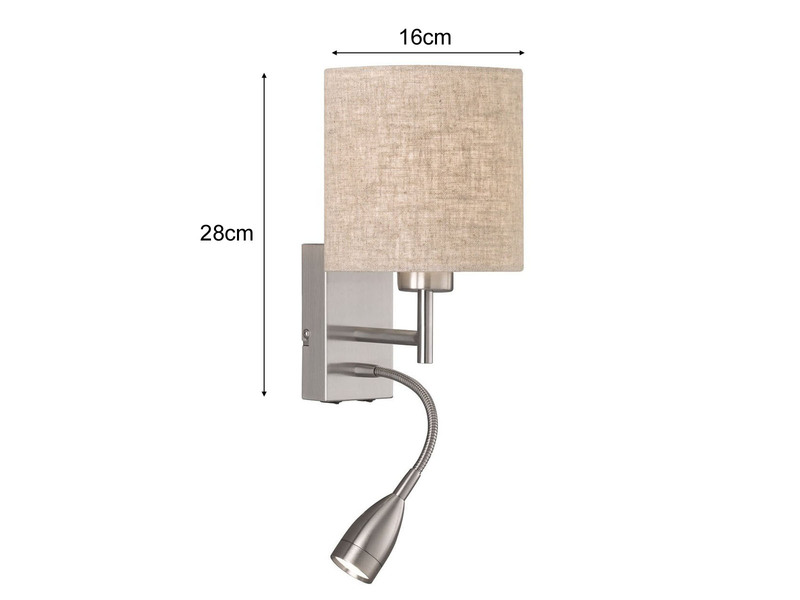 Kleine LED Wandleuchte mit Leselampe & Schalter, Silber & Stoff Beige, Ø 16cm